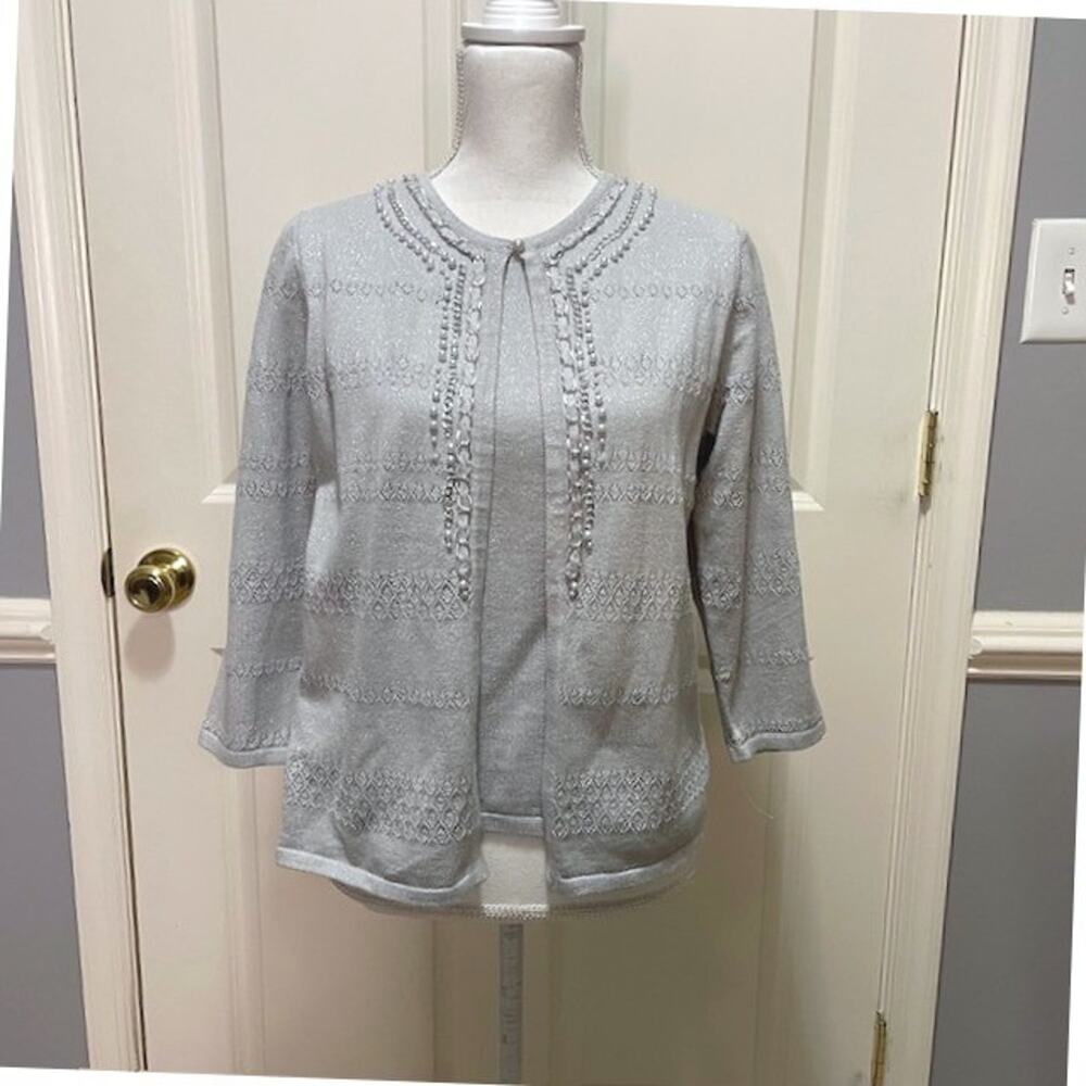Alfred Dunner Petite MED Silver Beaded Twinset Cardigan & Shell Sparkle Party